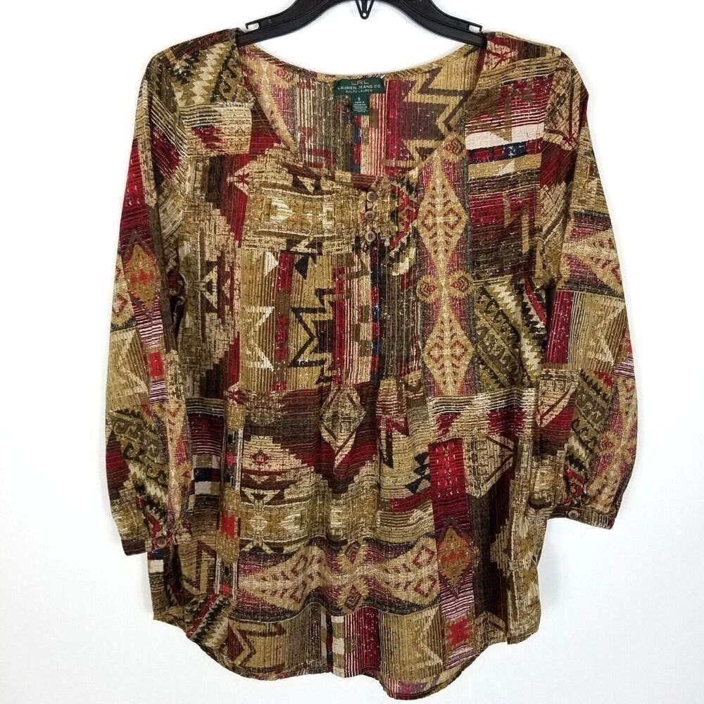 LRL Ralph Lauren Women Tribal Aztec Blouse Top Size S Brown Crew Neck Long Sleev